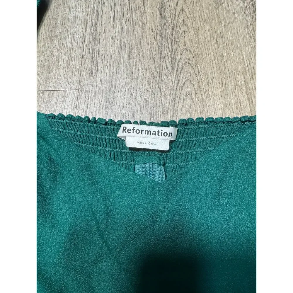 Reformation Women's Deep Green Square Neck Puff Sleeve Top
